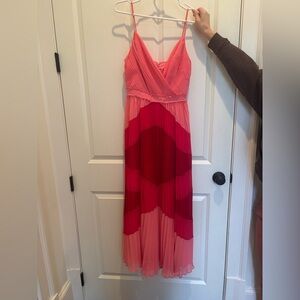 JCrew Pink and Red Pleated Maxi Dress
